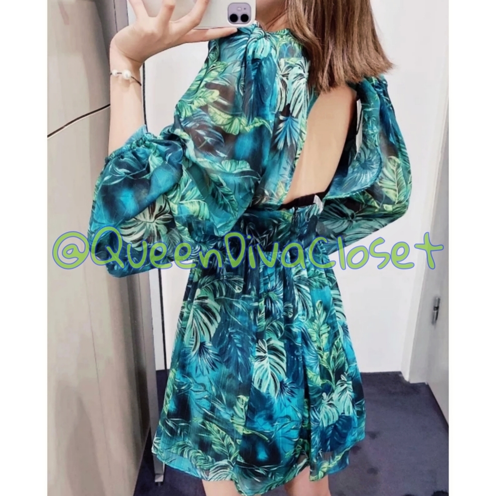 Tropical a line flare open back skater dress L - Picture 3 of 6